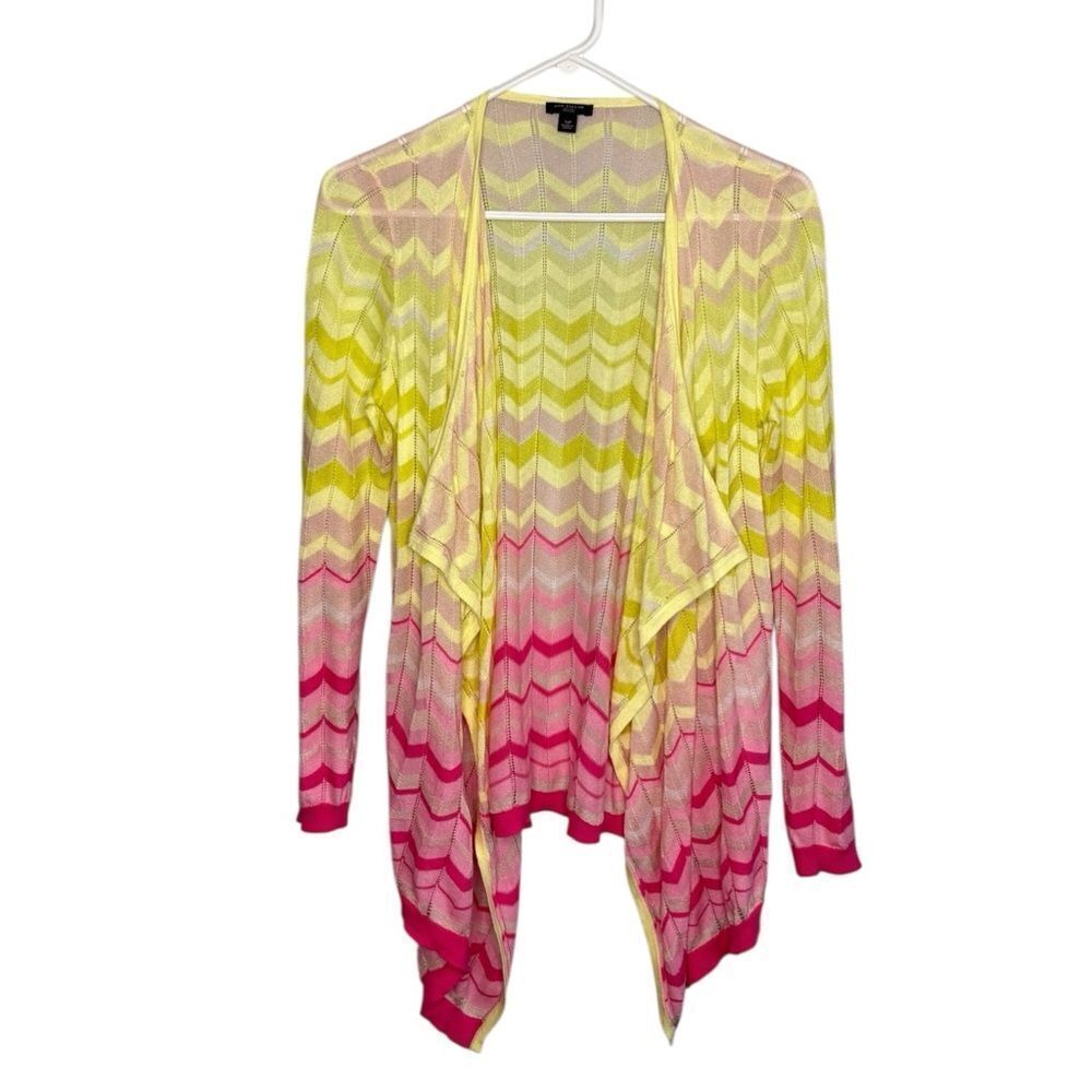 Ann Taylor Sheer Cardigan Top Petite Small Chevron Multicolor Pink Yellow